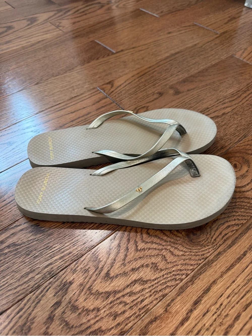 Tory Burch Metallic Gold Flip Flop Sandals - Women's, Size 8